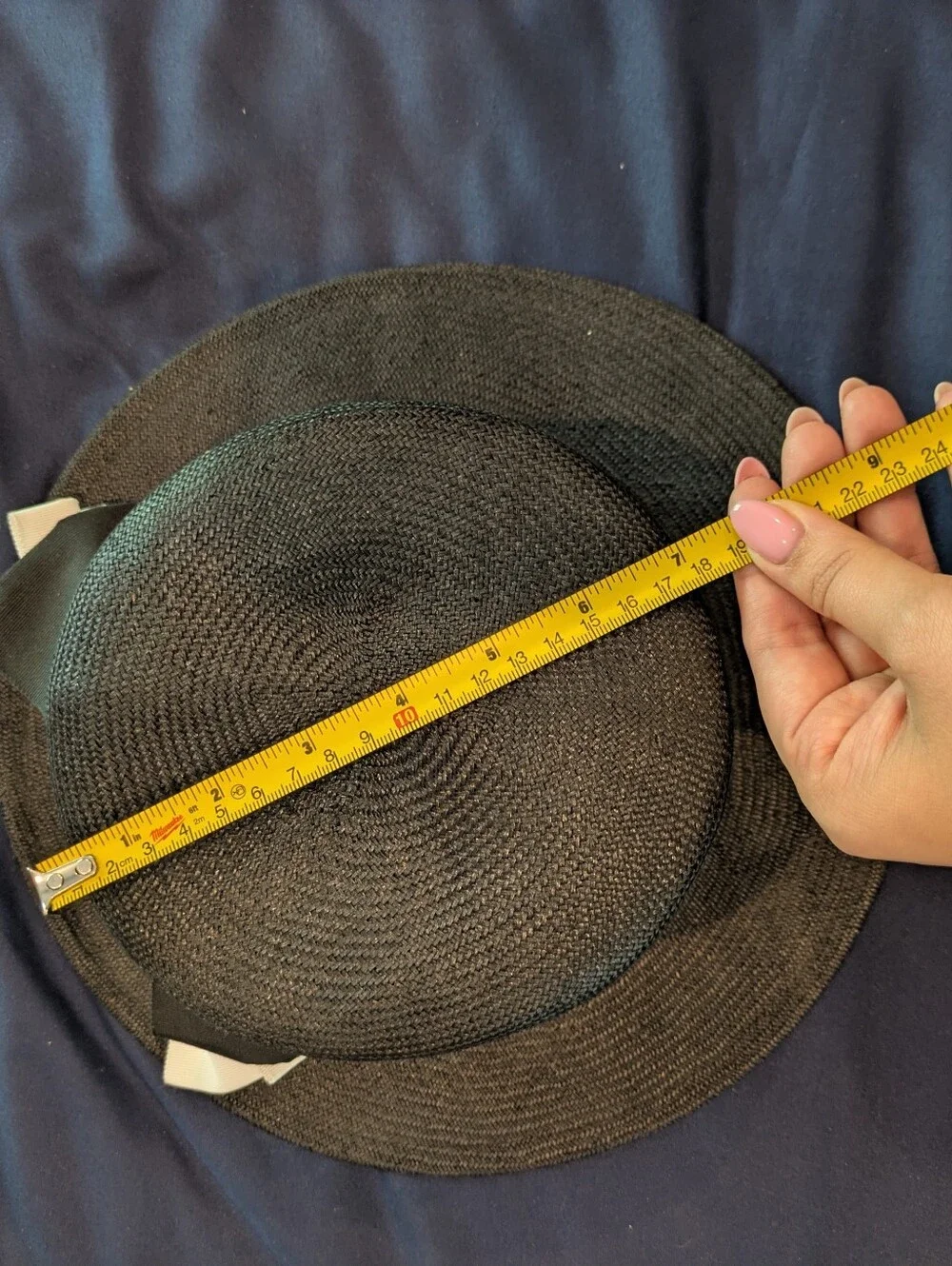 Black Straw Boater Hat with Cream Bow Accent